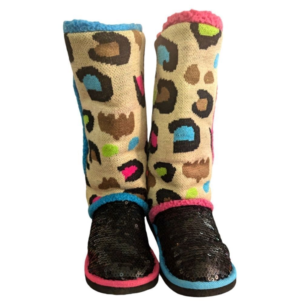 Little mismatched sequin and animal print tall boots size 6 youth multi color